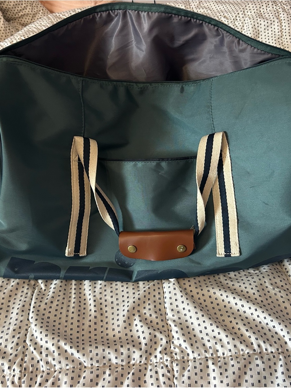 Prince Green Tote Bag with Cream & Navy Straps and Brown Accent
